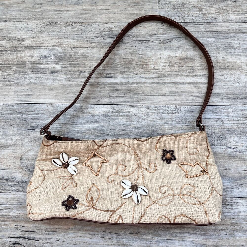 St John’s Bay Beaded Straw Shoulder Bag Y2K Coastal Boho Shell Floral Purse Vtg